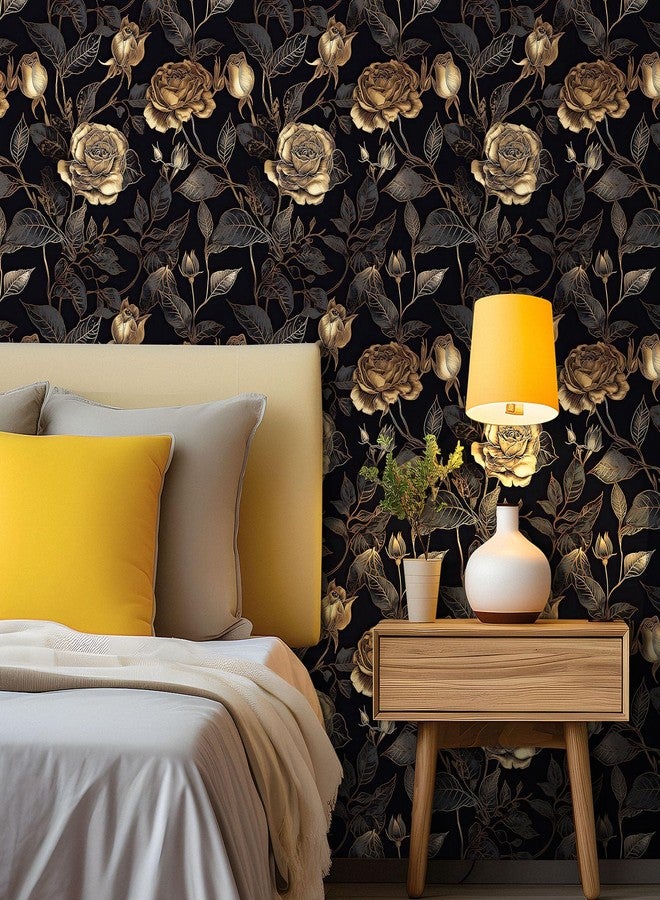 ReWallpaper ورق جدران ReWallpaper أسود وذهبي قابل للتقشير واللصق، ديكور فني، ورق جدران زهري داكن للحمام، ورق جدران أسود وذهبي مقاوم للماء، ورق جدران عتيق وردي، ورق اتصال زهري مودي للخزائن، 17.5 بوصة × 10 أقدام - Image 2
