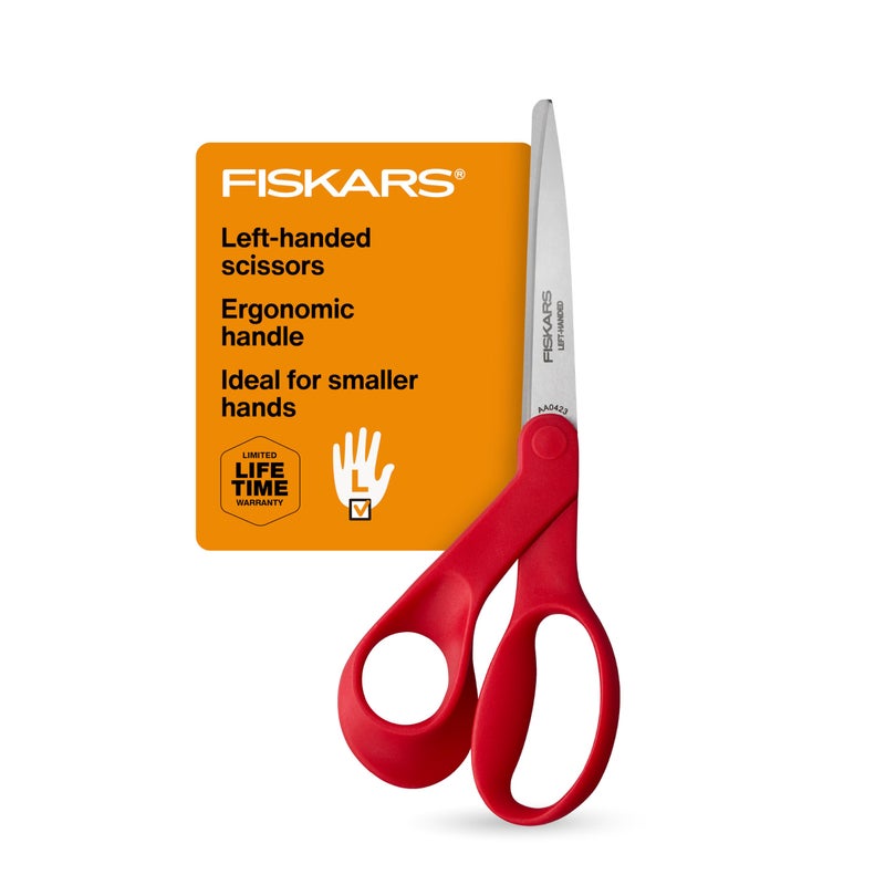 Fiskars Petite Left Handed Scissors Crafting and Sewing Stainless Steel Scissors for Smaller Hands Ergonomic Handle Paper and Fabric Supplies for Office Arts and Crafts Red