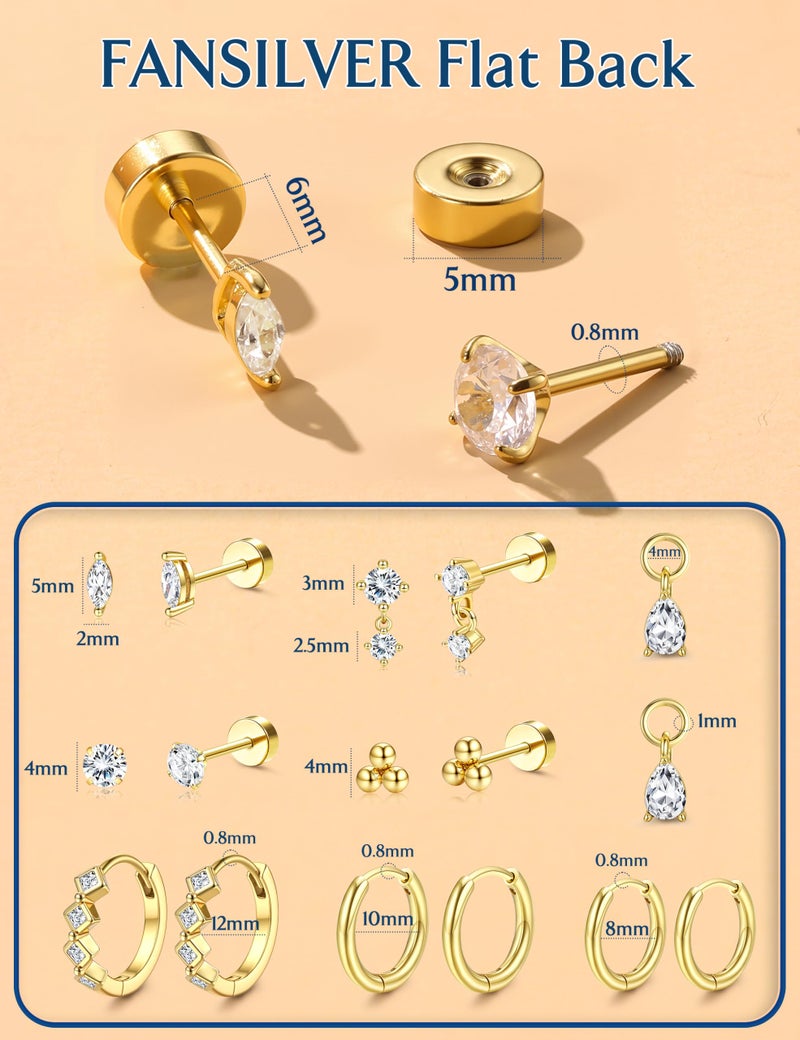 Fansilver Hypoallergenic Gold Earrings for Women Trendy - Cartilage Chain Earring Stacks - Surgical Stainless Steel Flat back Stud Earrings - Small Gold Hoops With CZ Charms - Dainty Stud Huggie Earring Sets for Multiple Piercing G - Image 3