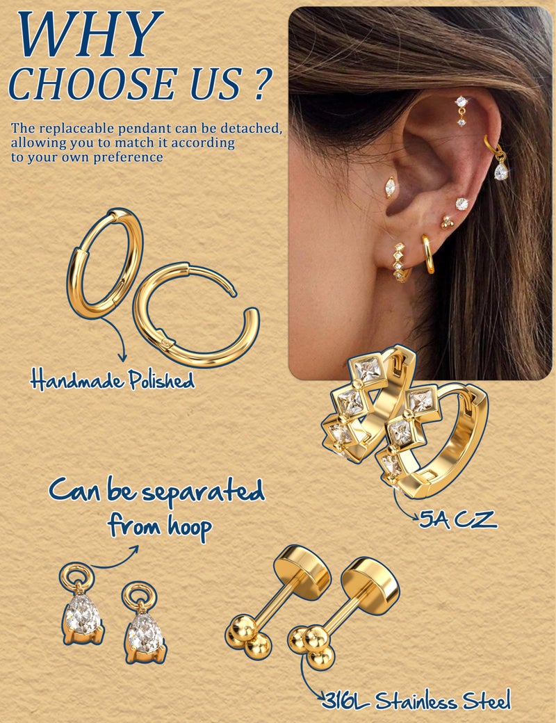 Fansilver Hypoallergenic Gold Earrings for Women Trendy - Cartilage Chain Earring Stacks - Surgical Stainless Steel Flat back Stud Earrings - Small Gold Hoops With CZ Charms - Dainty Stud Huggie Earring Sets for Multiple Piercing G - Image 4