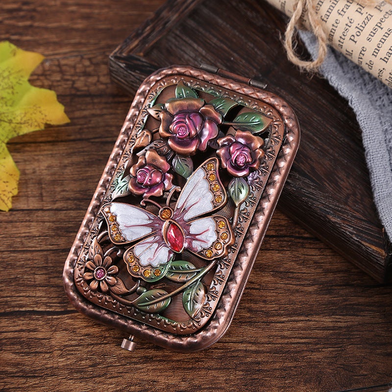 European Metal Mirror Copper Retro Portable Small Mirror Flap Pocket Pants Foldableing Double-Sided Women'S Makeup Mirror Dressing Gift Mirror - Image 2