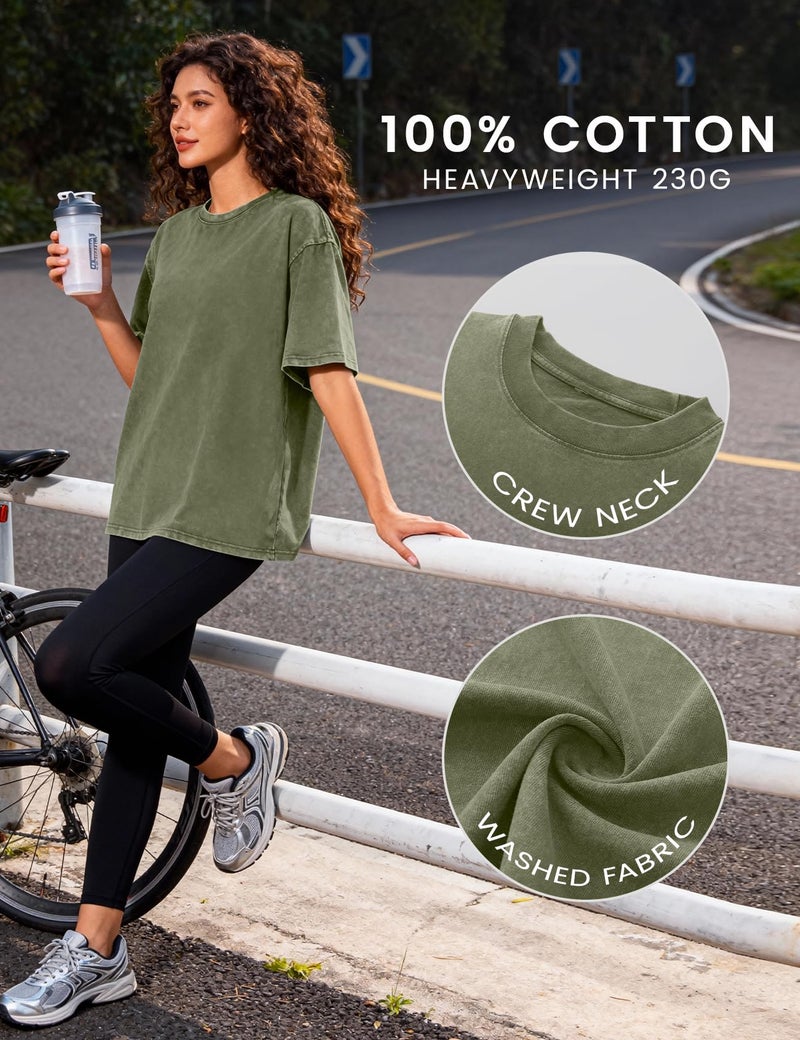 PEHMEA 3 Pcs Women's Oversized T-Shirts Cotton Short Sleeve Vintage Washed Baggy Boyfriend Streetwear Summer Tops(Black+Beige+ArmyGreen-L) - Image 4