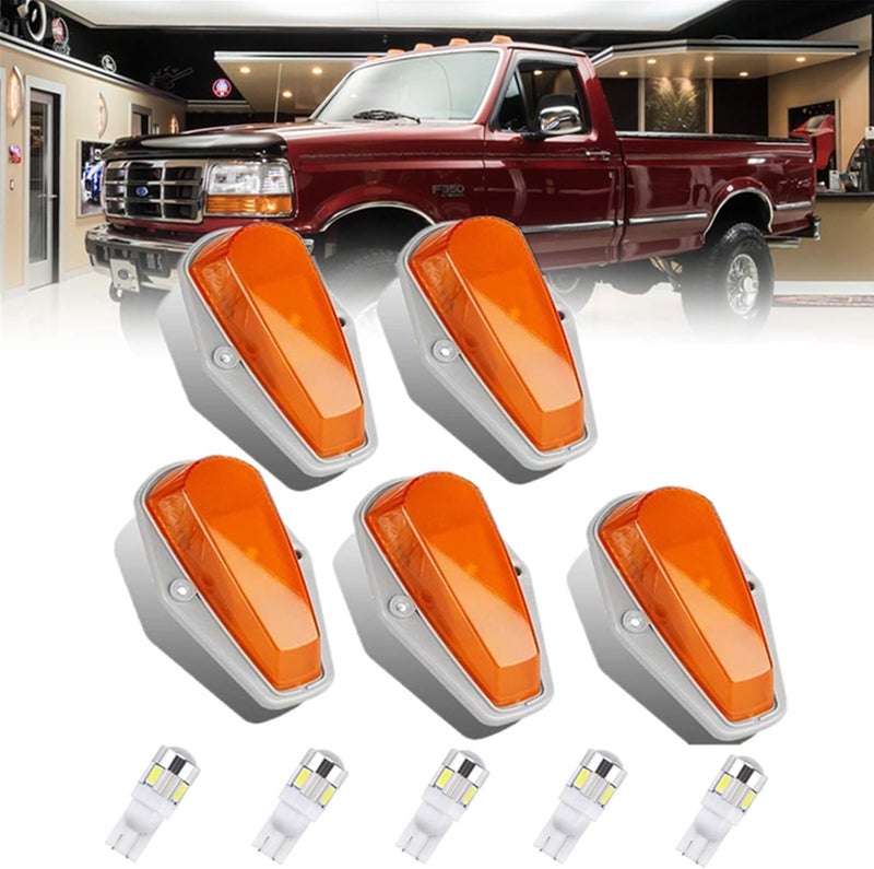 KOMAS 5pcs Amber Cab Marker Roof Running Light with T10 White LED Bulbs for Ford F-Series Trucks (1973-1997) - Image 1
