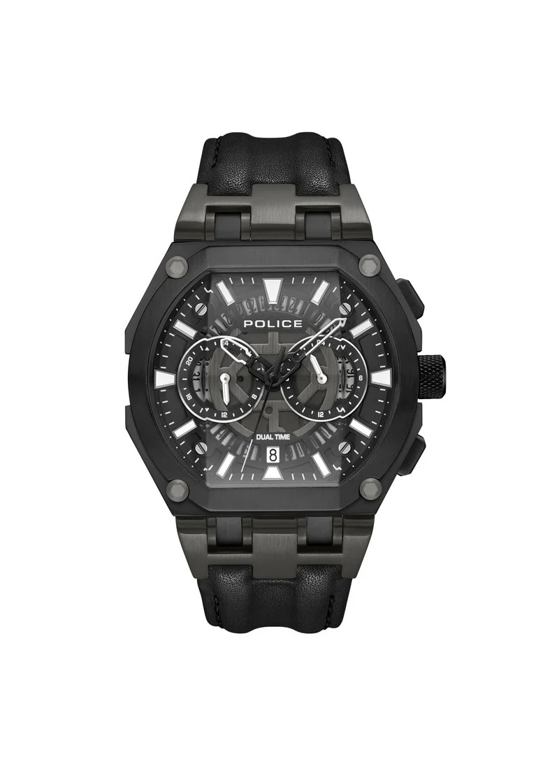 POLICE Shield Black Dial Black Leather Strap Gents Chronograph Watch With Stainless Steel Case