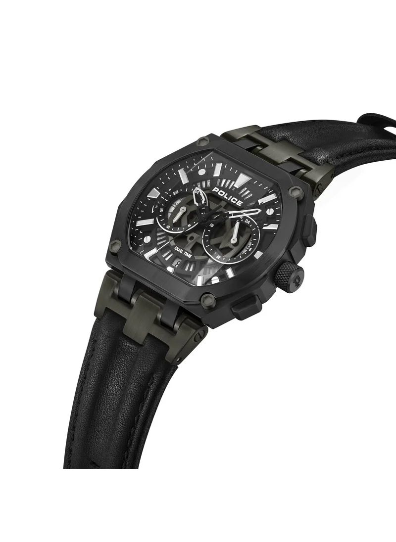 بوليس Shield Black Dial Black Leather Strap Gents Chronograph Watch With Stainless Steel Case