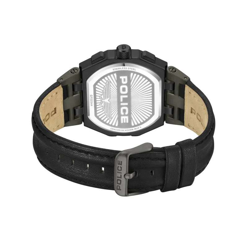 POLICE Shield Black Dial Black Leather Strap Gents Chronograph Watch With Stainless Steel Case