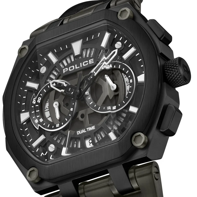 POLICE Shield Black Dial Black Leather Strap Gents Chronograph Watch With Stainless Steel Case