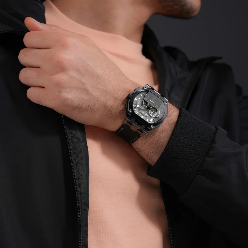 POLICE Shield Black Dial Black Leather Strap Gents Chronograph Watch With Stainless Steel Case