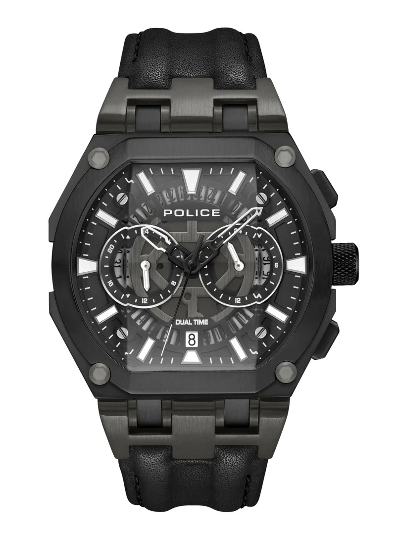 POLICE Shield Black Dial Black Leather Strap Gents Chronograph Watch With Stainless Steel Case