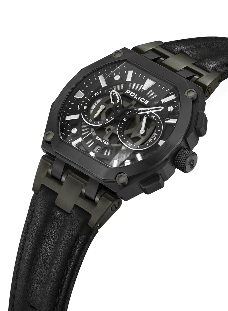 POLICE Shield Black Dial Black Leather Strap Gents Chronograph Watch With Stainless Steel Case