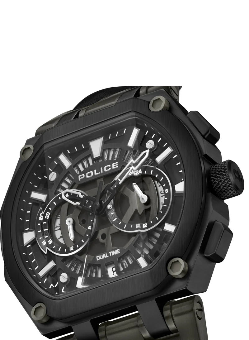 POLICE Shield Black Dial Black Leather Strap Gents Chronograph Watch With Stainless Steel Case