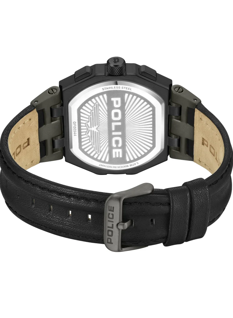 POLICE Shield Black Dial Black Leather Strap Gents Chronograph Watch With Stainless Steel Case