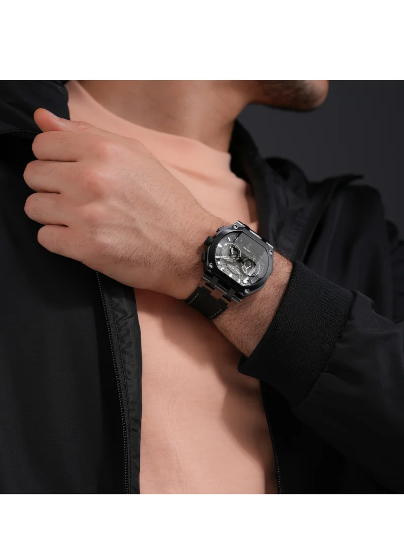 POLICE Shield Black Dial Black Leather Strap Gents Chronograph Watch With Stainless Steel Case