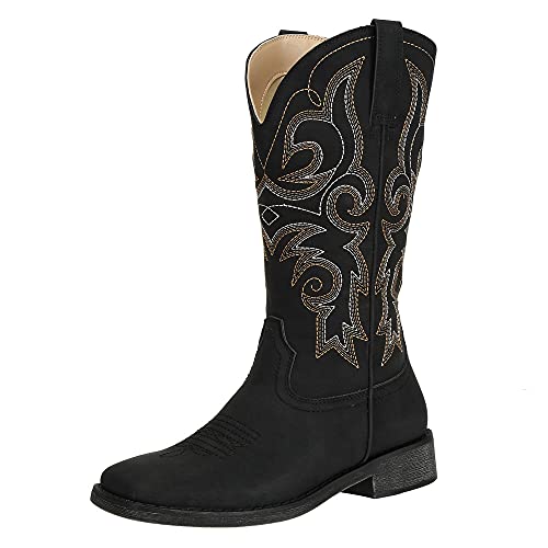 SheSole Women's Fashion Western Cowgirl Cowboy Boots Wide Square Toe Mid Calf Black US Size 8 - Image 1