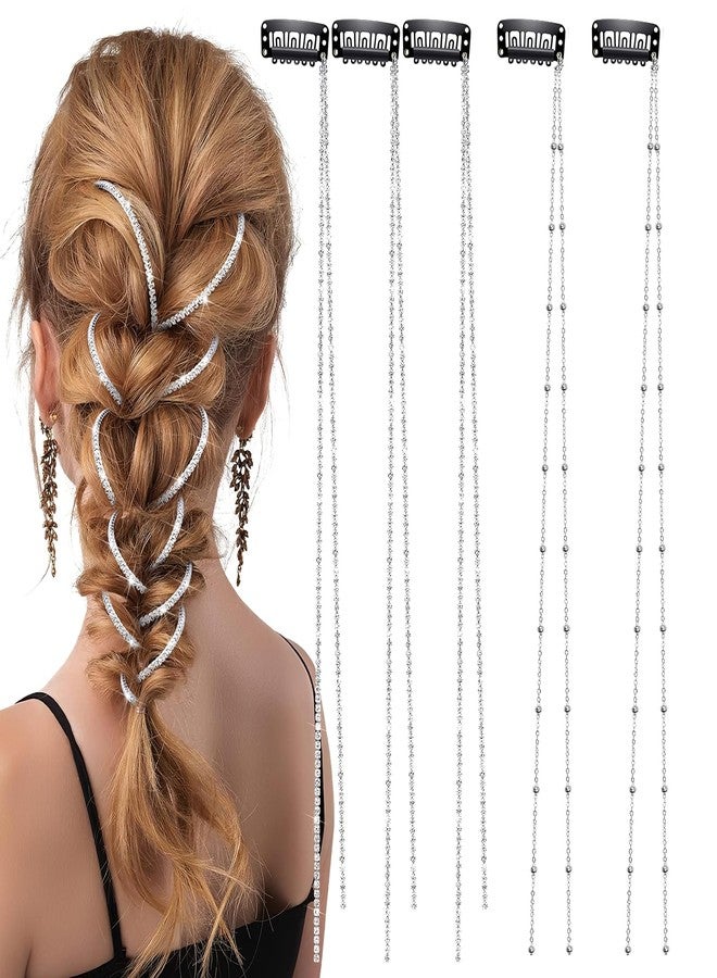 TecoKart مجموعة تيكوكارت® من 5 قطع من وصلات الشعر بمشابك مرصعة بأحجار الراين | سلاسل شعر من الفولاذ المقاوم للصدأ للنساء، إكسسوارات آمنة وأنيقة للضفائر وذيل الحصان - Image 1