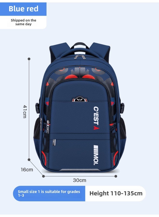 Leather Backpack For Primary School Students Embroidered School Logo Name Tag-Color:Small Size Blue And Red (suitable For Grade 1-3)-Size:Schoolbag + Stationery Box - Image 1