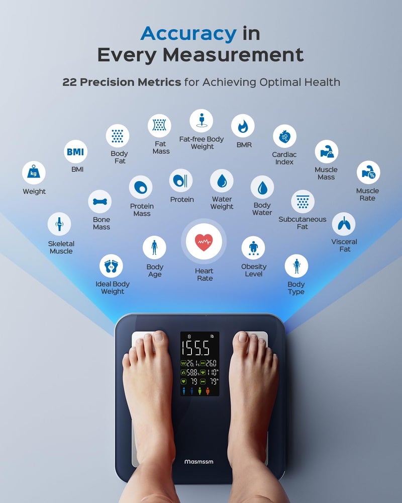 Masmssm Smart Scale for Body Weight, FSA&HSA Eligible, Bathroom Digital Weighing Scale with 8-in-1 Large Display, 22 Metrics with BMI, Body Fat, Heart Rate, Compatible with iOS & Android - Image 3