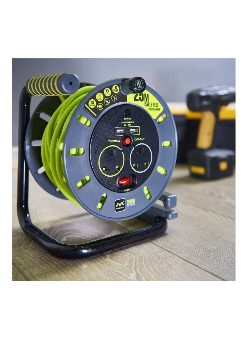 MASTERPLUG Masterplug PRO XT Open Reel 2 Sockets 2 USB Ports 25 Meters Thermal Cut Out Surge Protection OMU25132USL  - Image 5