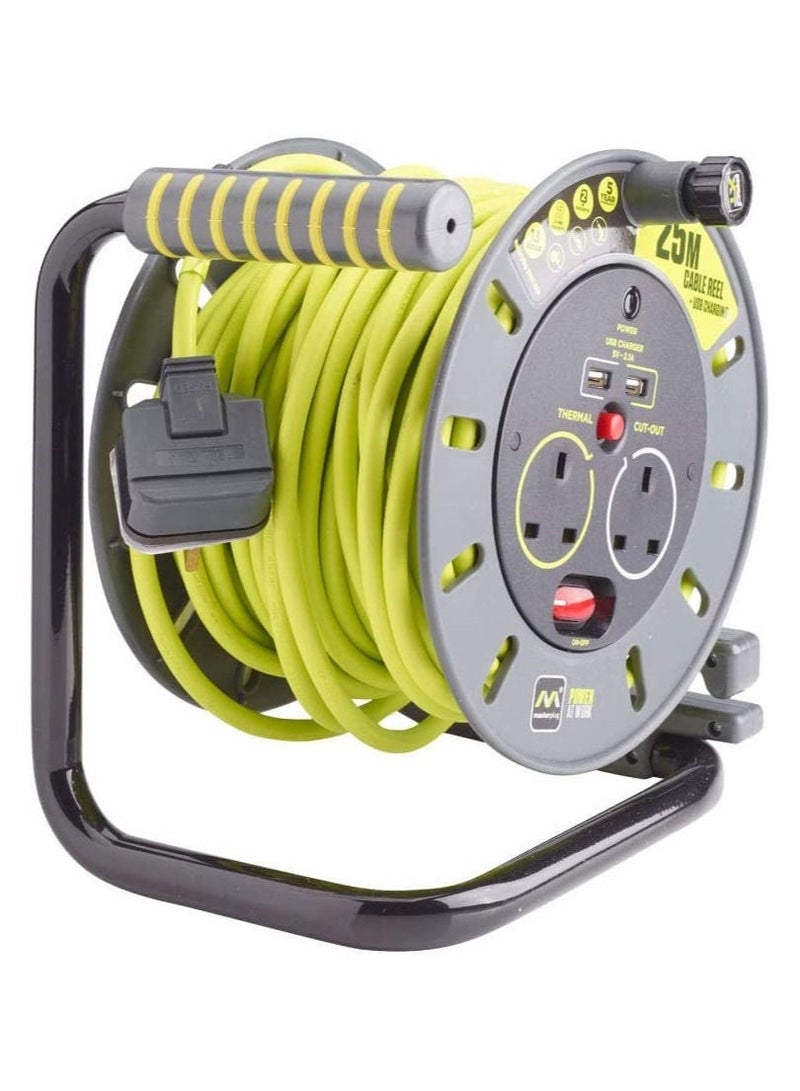 Masterplug PRO-XT Open Cable Reel with USB Charging 25M, 2 Sockets, 2 USB Ports, 13A 3120W, Thermal Cut-Out, Heavy Duty Extension Reel, Grey - Image 3