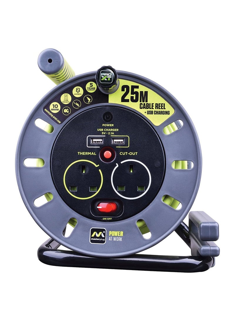 Masterplug PRO-XT Open Cable Reel with USB Charging 25M, 2 Sockets, 2 USB Ports, 13A 3120W, Thermal Cut-Out, Heavy Duty Extension Reel, Grey - Image 1