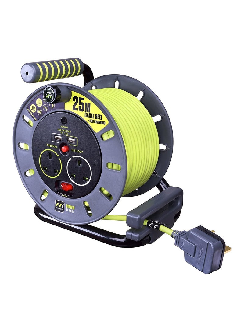 Masterplug PRO-XT Open Cable Reel with USB Charging 25M, 2 Sockets, 2 USB Ports, 13A 3120W, Thermal Cut-Out, Heavy Duty Extension Reel, Grey - Image 2