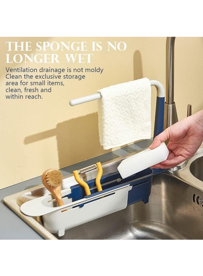 Hihonor Expandable Telescopic Drain Basket,Sink Organizer,Updated Telescopic Sink Storage Rack,Adjustable Telescopic 2-in-1 Sink Organizer Tray with Sponge Holder & Dishcloth Hanger (Blue) - Image 2