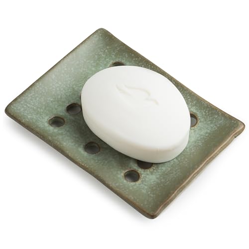 Cormomu Ceramic Soap Dish with Self Drain for Shower, Bar Soap Holder to Lift and Keep Dry, Concave Design to Prevent Slipping, Suitable for Kitchen and Bathroom, Green - Image 1
