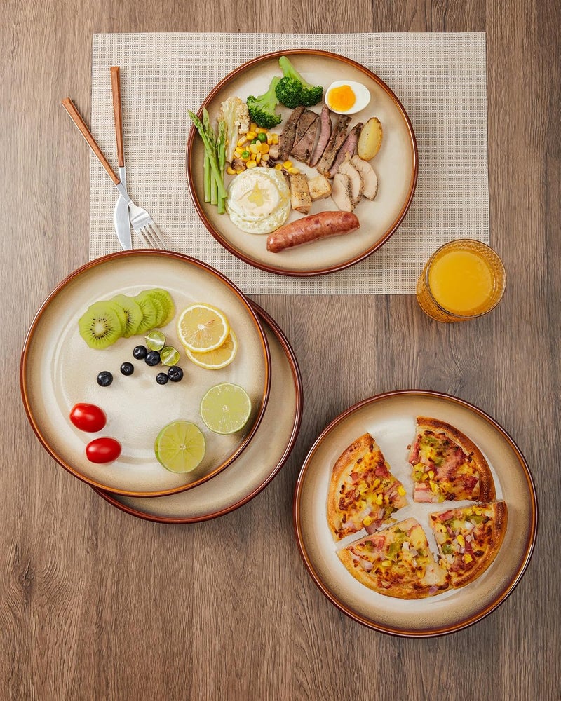 Pokini 10 Inch Dinner Plates Set of 6 Stoneware Round Salad Dessert Plates Serving Plates Microwave  Dishwasher Safe Brown and Yellow - Image 3