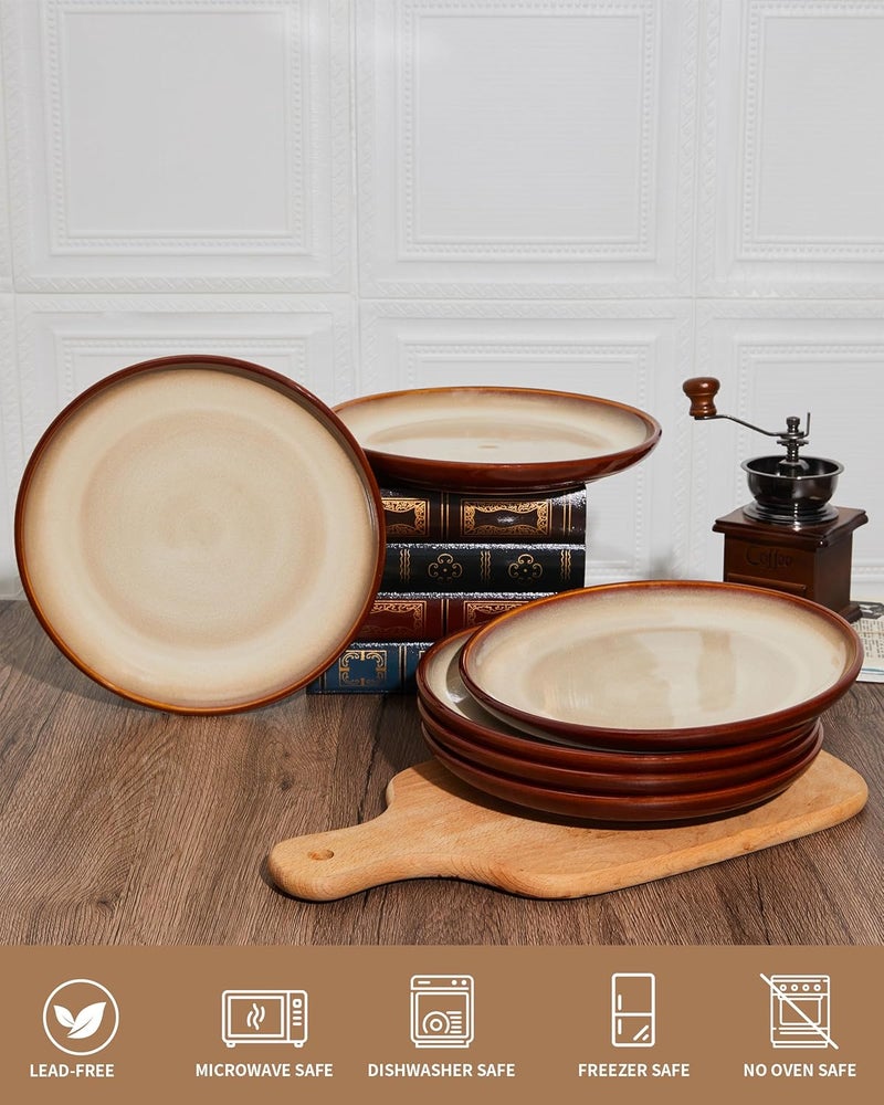 Pokini 10 Inch Dinner Plates Set of 6 Stoneware Round Salad Dessert Plates Serving Plates Microwave  Dishwasher Safe Brown and Yellow - Image 4