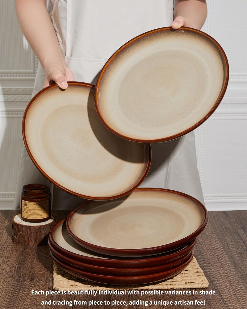 Pokini 10 Inch Dinner Plates Set of 6 Stoneware Round Salad Dessert Plates Serving Plates Microwave  Dishwasher Safe Brown and Yellow - Image 5