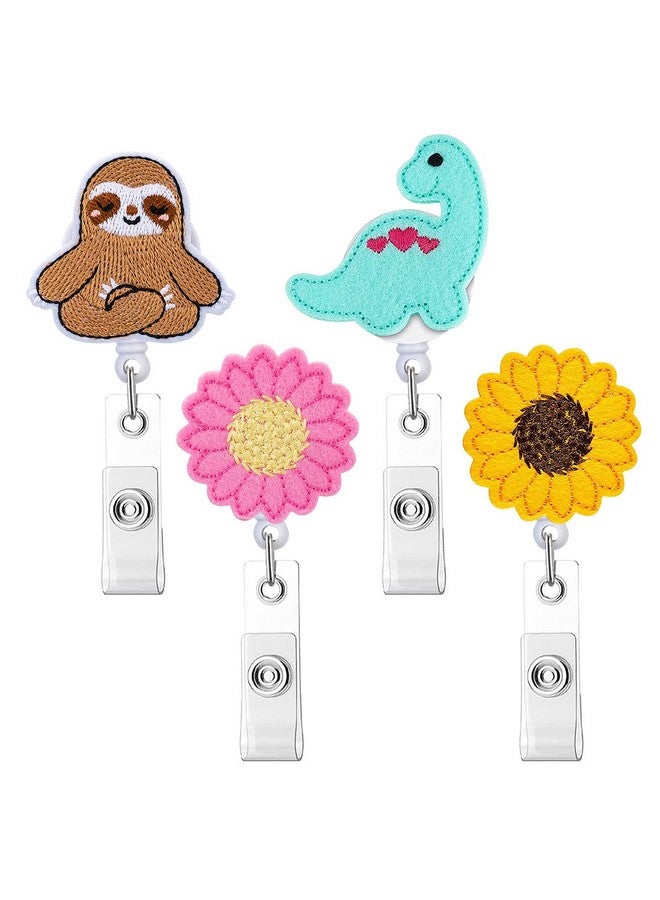 HASFINE 4 Pieces Cute Badge Reels Retractable Felt Badge Holder Id Name Badge Clip With Swivel Alligator Reel Clip For Office Worker Nurse Doctor Teacher Student (Sloth Dinosaursunflowers) - Image 1