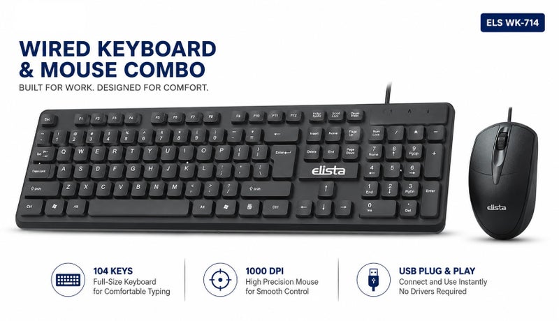 Elista Wired Keyboard and Mouse Combo for PC & Laptop | 104 Keys Full Size USB Keyboard | 1000 DPI Optical Mouse | Silent Membrane Keys | Plug & Play Wired Combo for Windows, Laptop, Desktop, Mac - Image 2