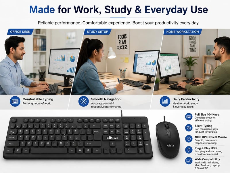 Elista Wired Keyboard and Mouse Combo for PC & Laptop | 104 Keys Full Size USB Keyboard | 1000 DPI Optical Mouse | Silent Membrane Keys | Plug & Play Wired Combo for Windows, Laptop, Desktop, Mac - Image 3