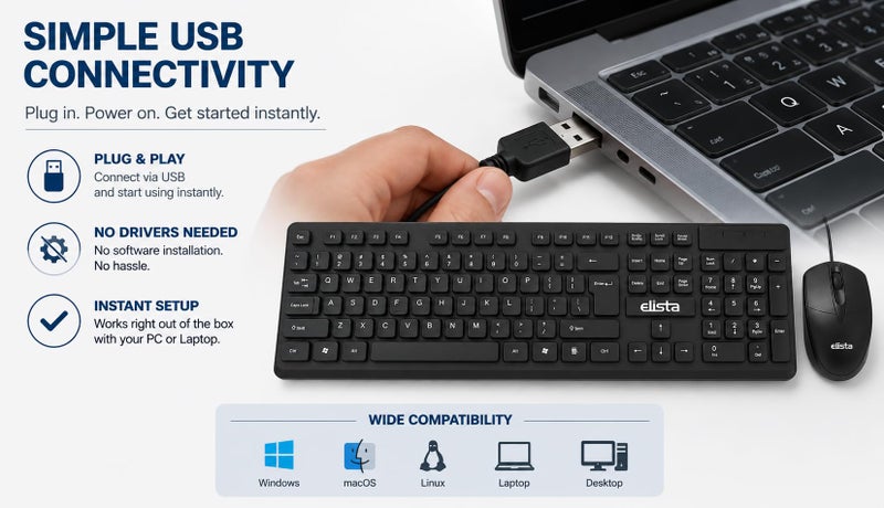 Elista Wired Keyboard and Mouse Combo for PC & Laptop | 104 Keys Full Size USB Keyboard | 1000 DPI Optical Mouse | Silent Membrane Keys | Plug & Play Wired Combo for Windows, Laptop, Desktop, Mac - Image 5