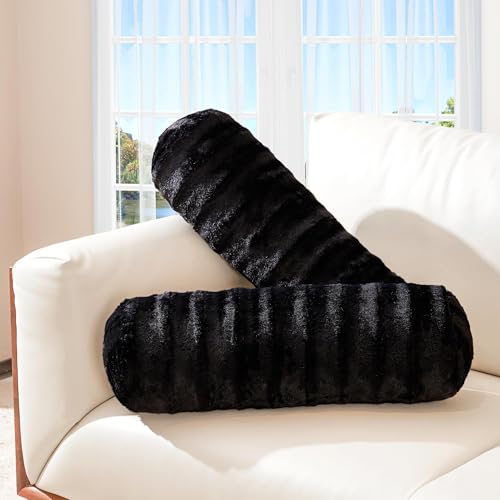 Cheer Collection Faux Fur Cylinder Pillows  Decorative Bolster Pillows for Bed Accent Pillows for Couch Machine Washable  8 x 24 2pk Black