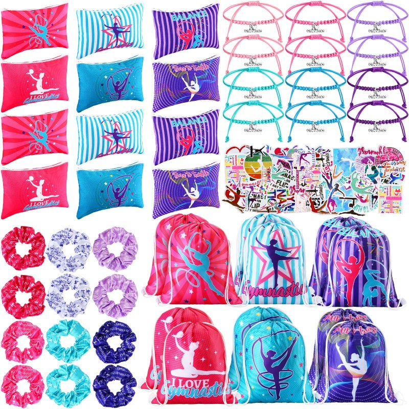 Abbylike 49 Pcs Gymnastics Party Favor Set 12 Makeup Bag 12 Bracelet 12 Drawstring Backpack 12 Hair Ties 1 Set Gymnastic Stickers for Women Girl Gym Sport Yoga - Image 1