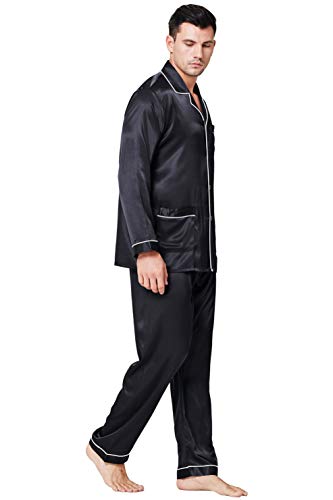Lonxu Pajamas Set Mens Silk Satin Pajamas Long Sleeve Loungewear Two-Piece Sleepwear Button-Down Pj Set S-XXXXL (Black, S) - Image 1