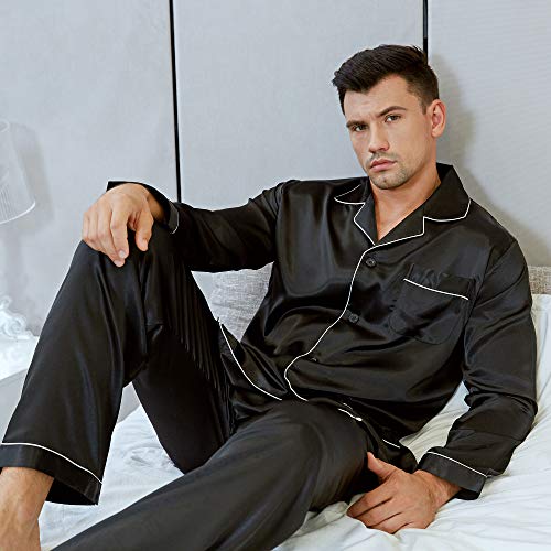 Lonxu Pajamas Set Mens Silk Satin Pajamas Long Sleeve Loungewear Two-Piece Sleepwear Button-Down Pj Set S-XXXXL (Black, S) - Image 4