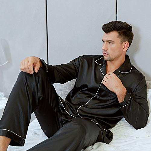 Lonxu Pajamas Set Mens Silk Satin Pajamas Long Sleeve Loungewear Two-Piece Sleepwear Button-Down Pj Set S-XXXXL (Black, S) - Image 5