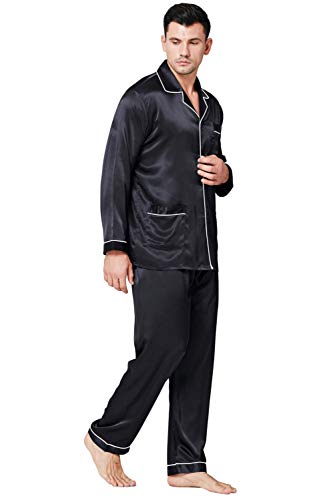Lonxu Pajamas Set Mens Silk Satin Pajamas Long Sleeve Loungewear Two-Piece Sleepwear Button-Down Pj Set S-XXXXL (Black, S) - Image 2