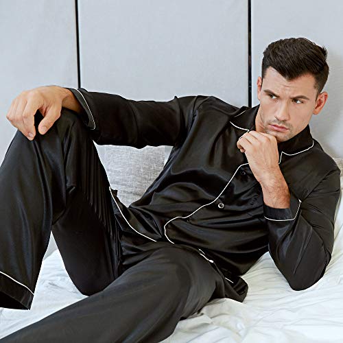 Lonxu Pajamas Set Mens Silk Satin Pajamas Long Sleeve Loungewear Two-Piece Sleepwear Button-Down Pj Set S-XXXXL (Black, S) - Image 3