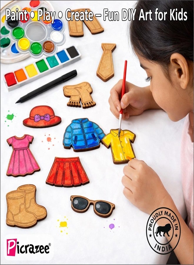 Picrazee DIY Kit for Kids & Adults – What We Wear Fridge Magnet Painting Kit (10 Designs) | Ready-to-Paint 5.5 mm Thick Wooden DIY Craft Kit with Colors, Brushes & Magnets | Screen-Free Activity (What we Wear) - Image 4