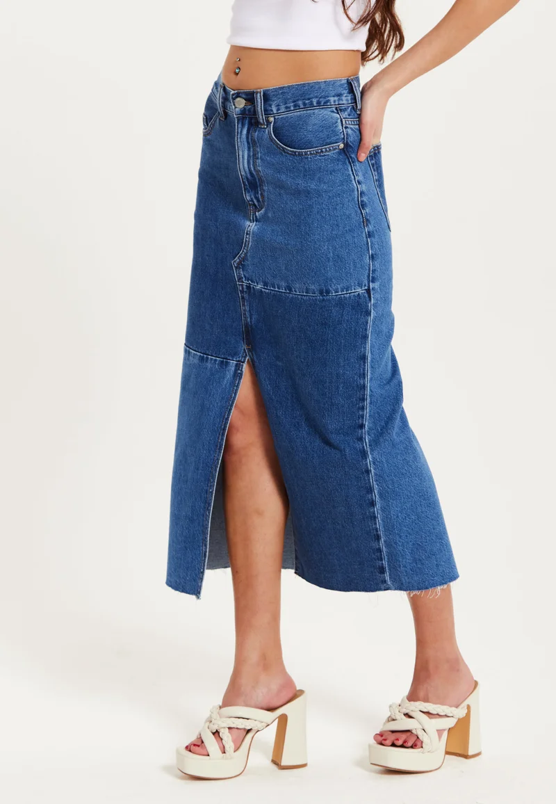 Liquorish تنورة جينز زرقاء متوسطة الطول