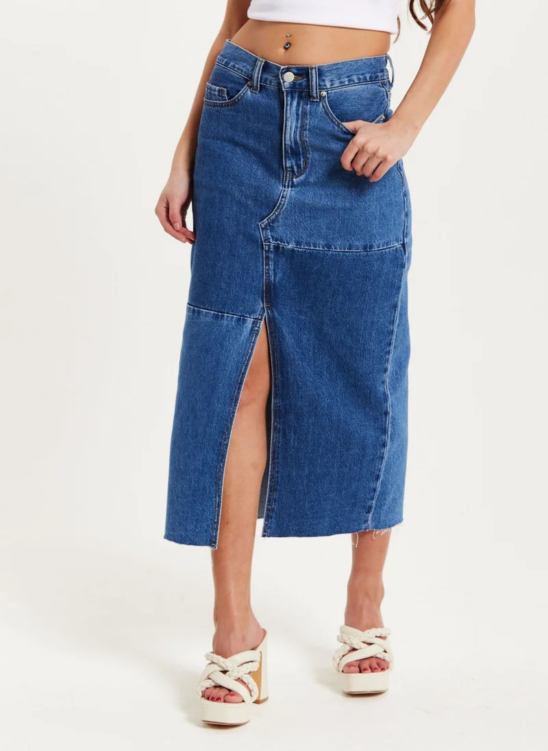 Liquorish Blue Denim Midi Skirt