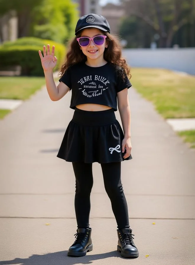 Take Two Solid Bow Printed Skirt with Leggings Set