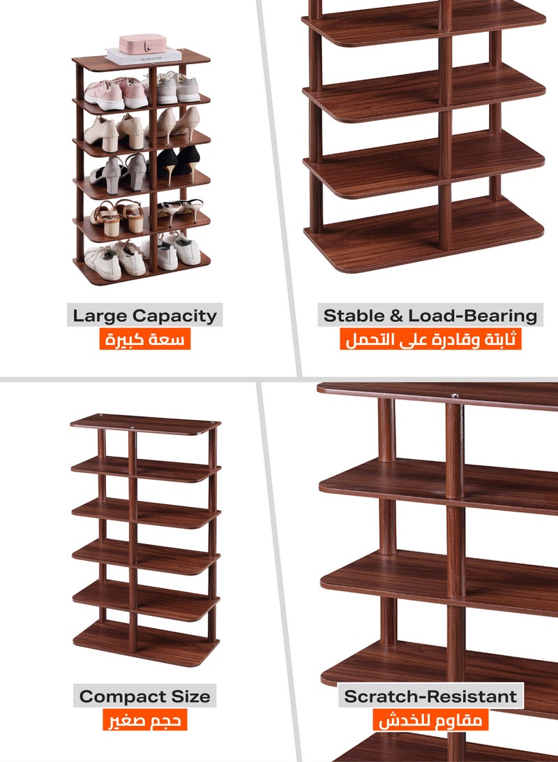 لوازم رف أحذية خشبي، منظم احذية متين موفر للمساحة بتصميم أنيق، لمدخل والخزانة وغرفة المعيشة، حل لتنظيم الأحذية المنزلية، 6 أدوار، بني - Image 5
