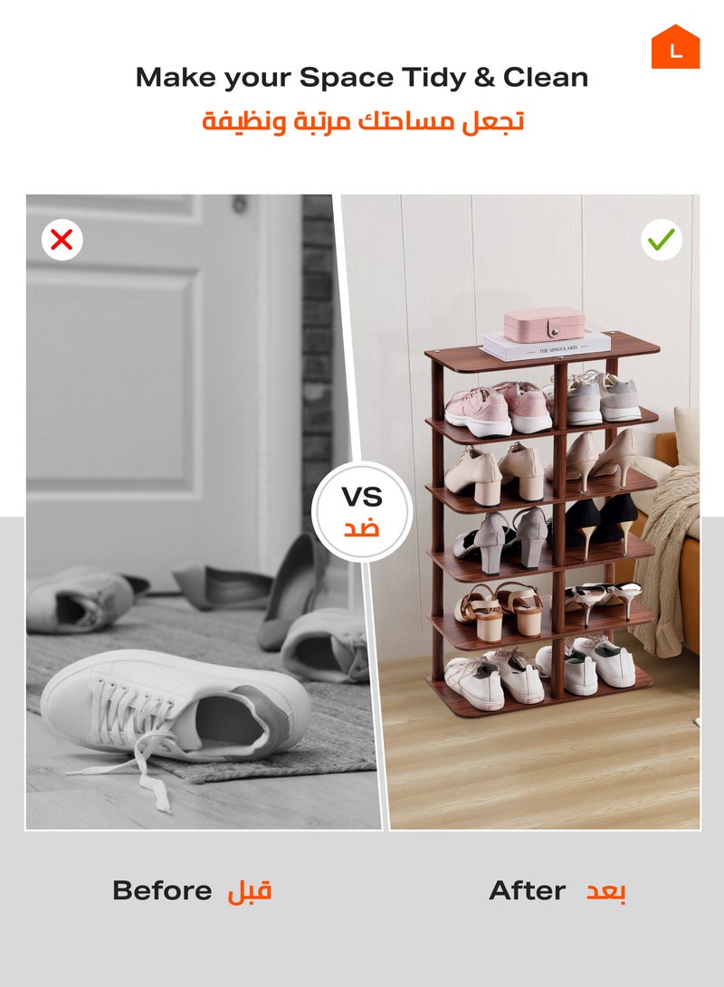 لوازم رف أحذية خشبي، منظم احذية متين موفر للمساحة بتصميم أنيق، لمدخل والخزانة وغرفة المعيشة، حل لتنظيم الأحذية المنزلية، 6 أدوار، بني - Image 4