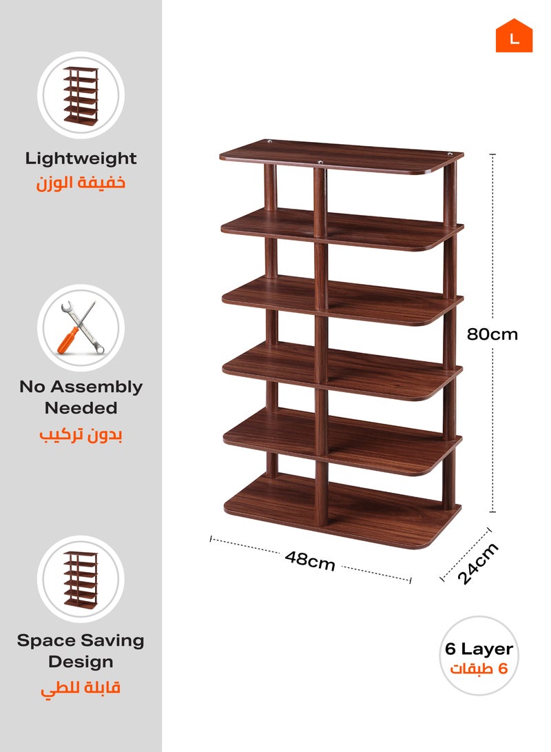 لوازم رف أحذية خشبي، منظم احذية متين موفر للمساحة بتصميم أنيق، لمدخل والخزانة وغرفة المعيشة، حل لتنظيم الأحذية المنزلية، 6 أدوار، بني - Image 3