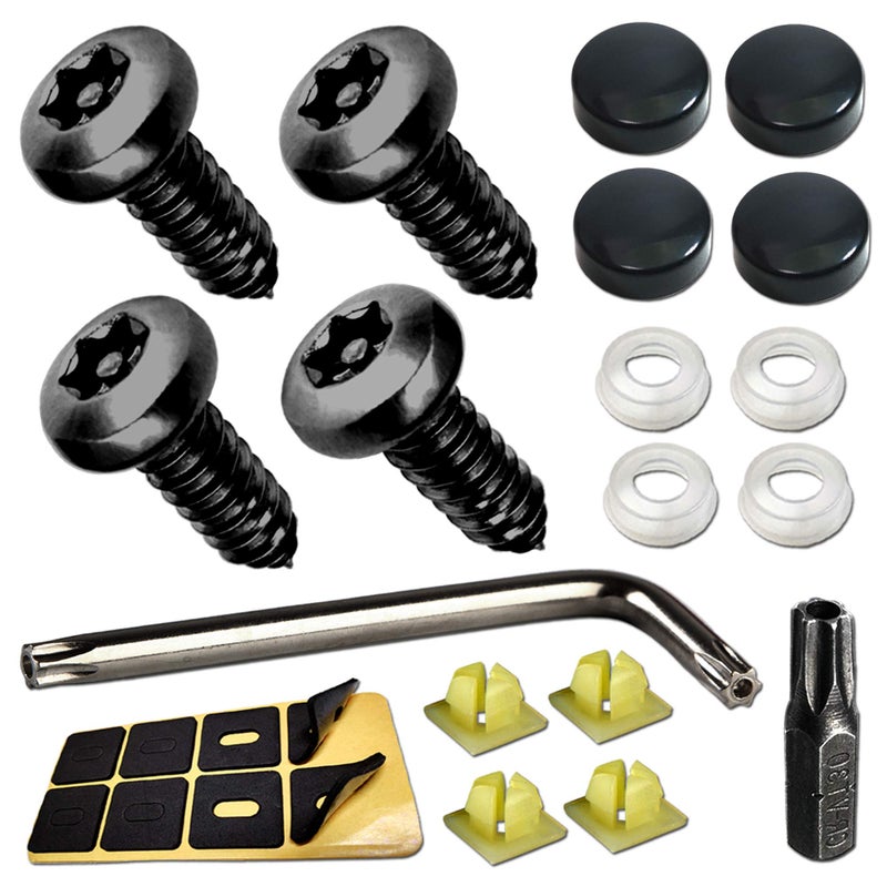 AOOTF Black Anti Theft License Plate Screws Stainless Steel Mounting Hardware Kit for FrontRear M6 Security Screws Caps Plugin Fasteners Rattle Proof Pads