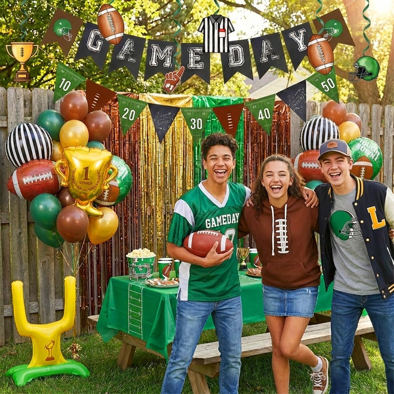 yeewaka Football Balloons dark green brown Balloons with Banner Hanging Swirl Fringe Curtain Goal Post Football Balloons for Sports Birthday Boys first year touch down party decorations - Image 5